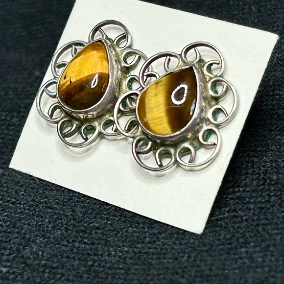 Teardrop Shaped Tigers Eye Pierced Earrings with Scrolling Stamped 925 Silver - Picture 1 of 9